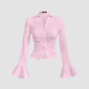 Ruched Button Down Flared Sleeve Shirt Top in Pink