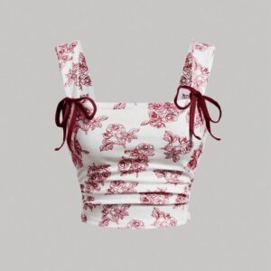 Floral elegance crop top with ribbon tied shoulder