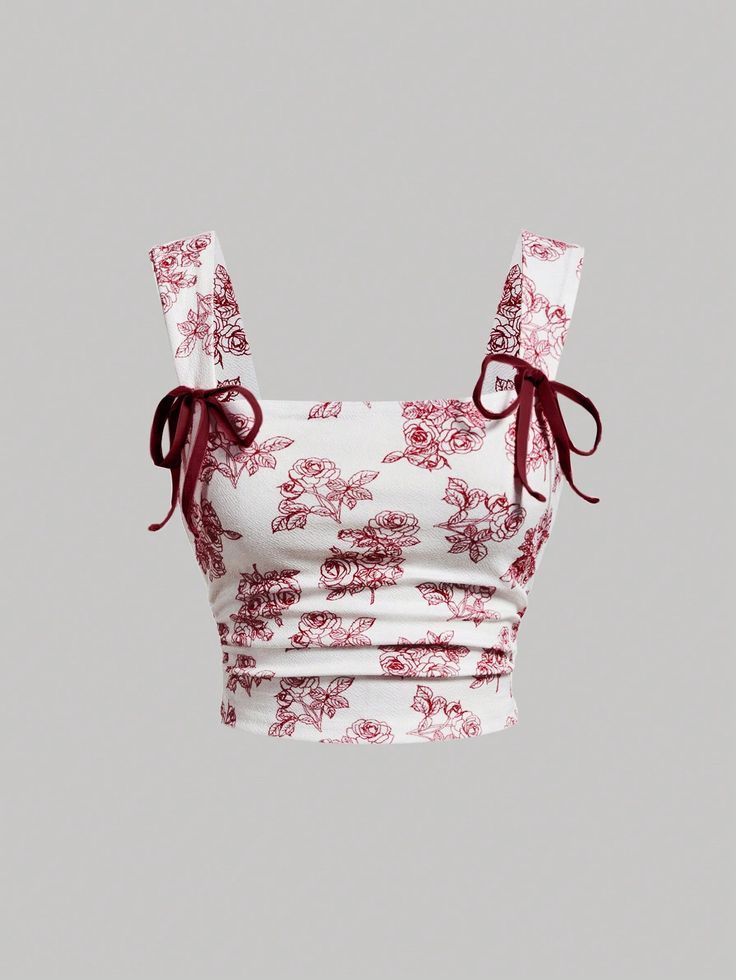 Floral elegance crop top with ribbon tied shoulder