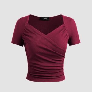 Solid Ribbed V-neck Short Sleeves Wrap Top in Maroon