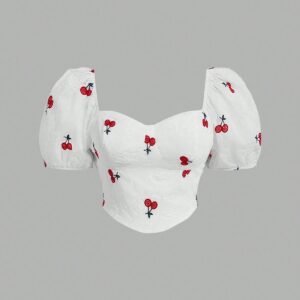 Cherry Embroidered puff sleeve crop top