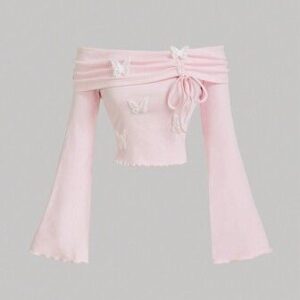 Pink off-shoulder full sleeve top with butterflies