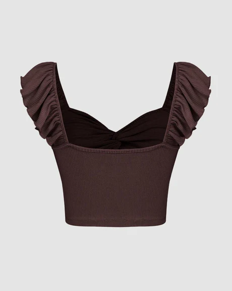 cropped vest ruffle top in brown - Image 2