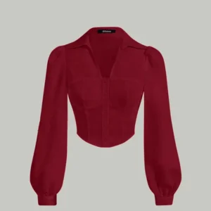 Lantern Sleeve Button Front Slim Fit Red Shirt