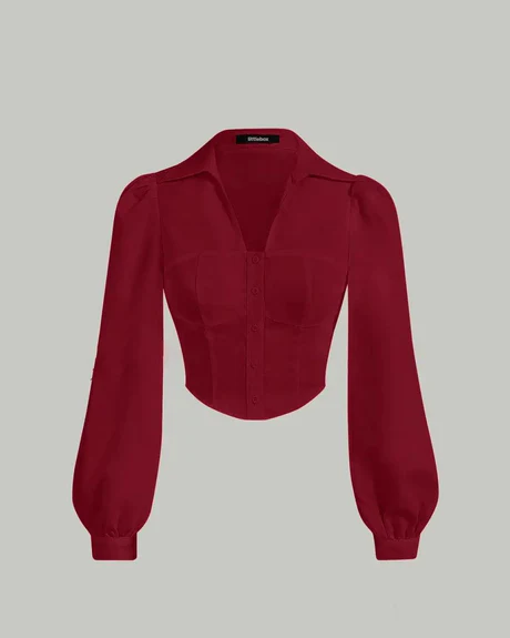 Lantern Sleeve Button Front Slim Fit Red Shirt