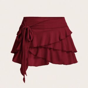 maroon Color Ruffled Wrap Mini Skirt