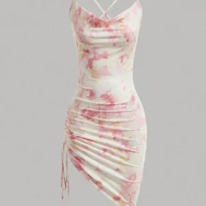 Ruched Mini Floral Print Cowl Neck Bodycon Dress