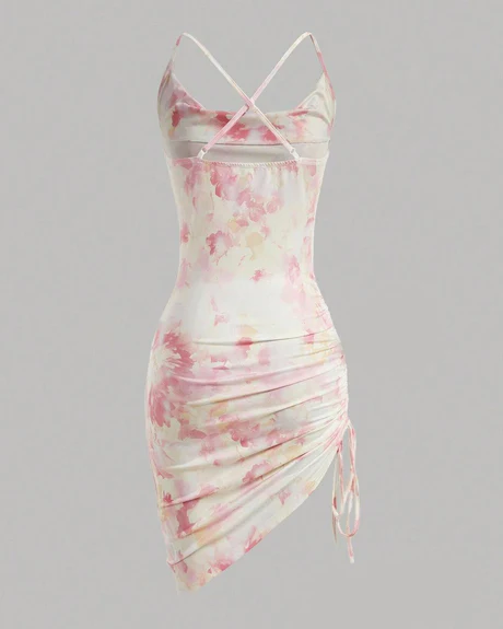 Ruched Mini Floral Print Cowl Neck Bodycon Dress - Image 2