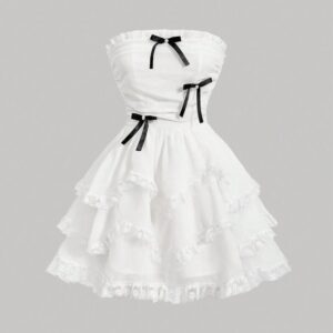 White Strapless Mini Dress with Black Bows