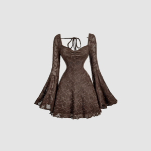 brown lace bell sleeve mini dress